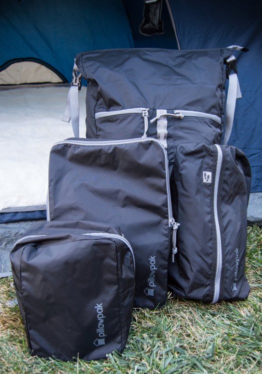 all four bags in front of the tent