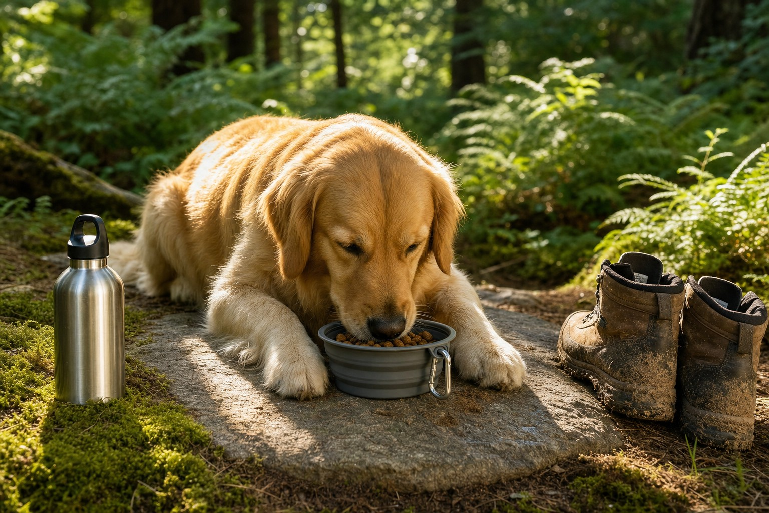 Effortless dog camping: A golden retriever eating beside hiking boots in the forest.