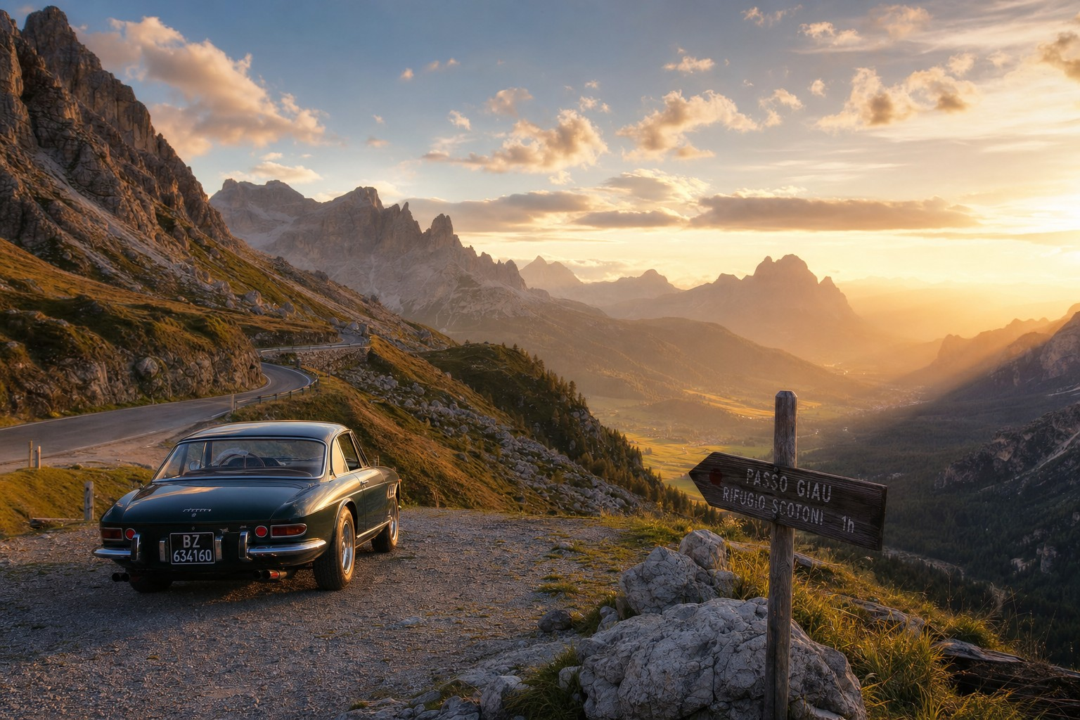 Scenic mountain pass with classic car at sunset.